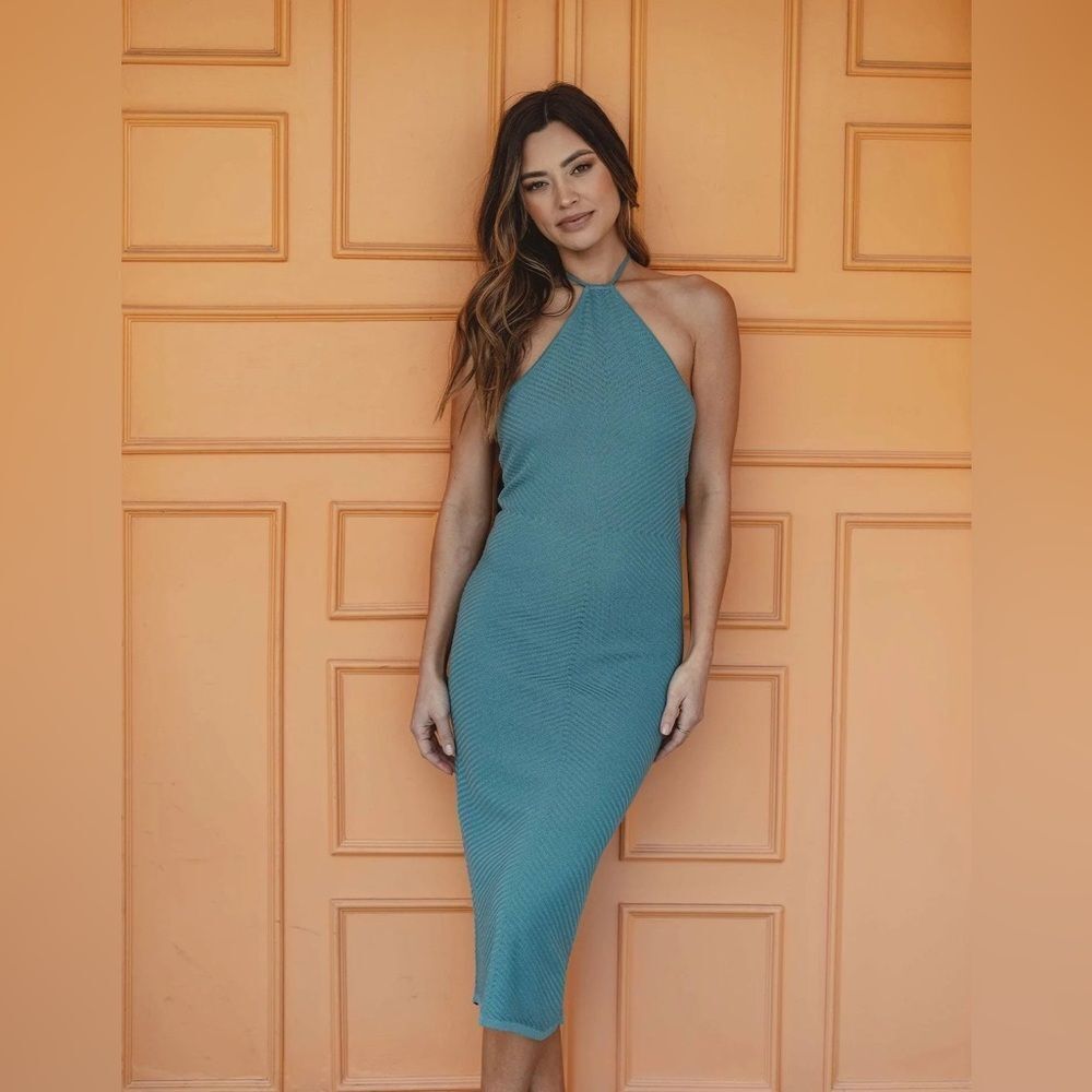 NWT THE NORMAL BRAND SIZE M Desi Halter Dress in Turquoise blue midi knit